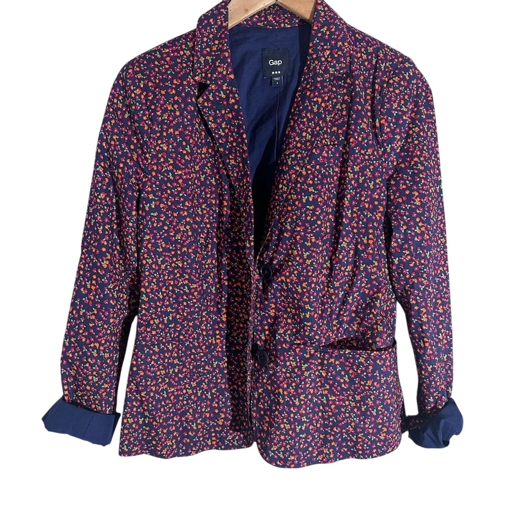 Gap Floral Print Blazer Jacket Womens Size‎ 4 Navy Blue Red Orange Career